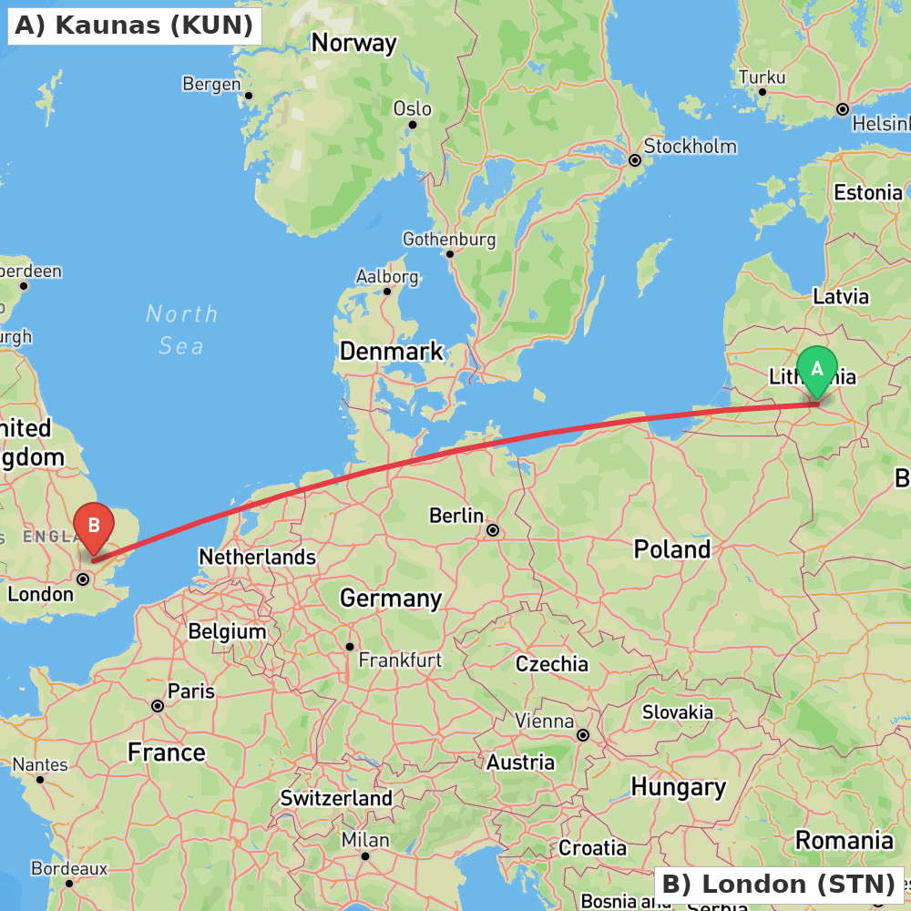 Flight route map from Kaunas to London