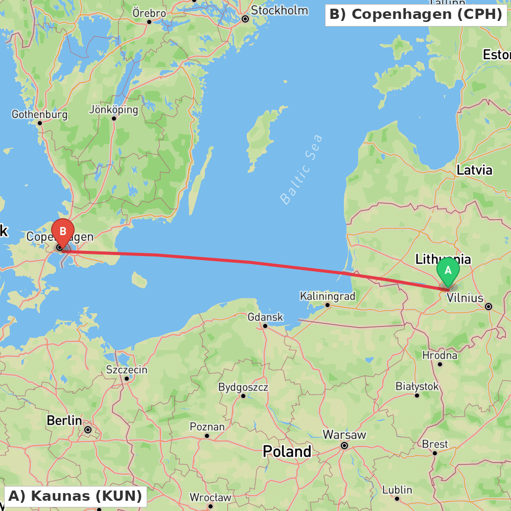 Flight route map from Kaunas to Copenhagen