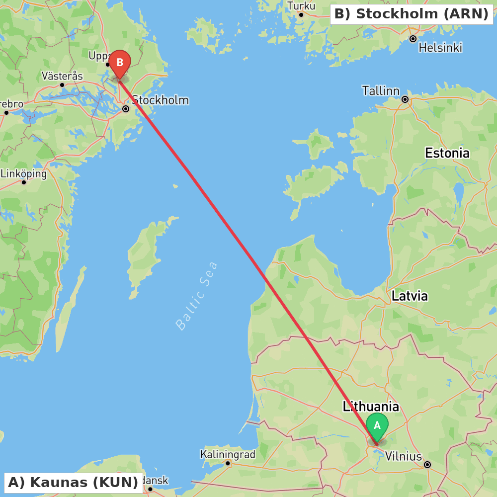 Flight route map from Kaunas to Stockholm