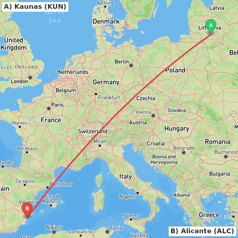 Flight route map from Kaunas to Alicante