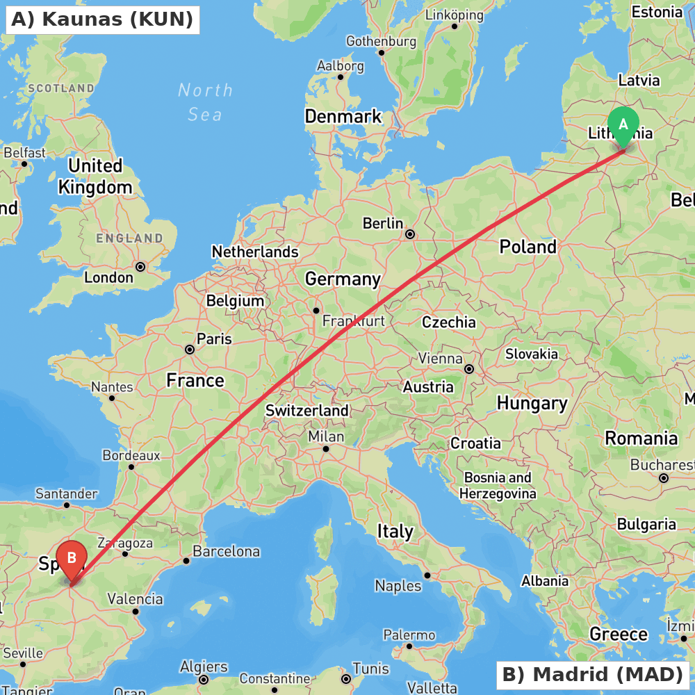 Flight route map from Kaunas to Madrid