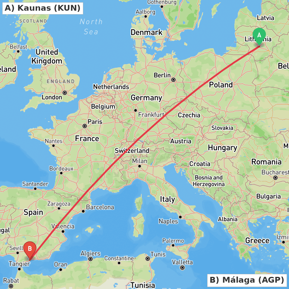 Flight route map from Kaunas to Málaga
