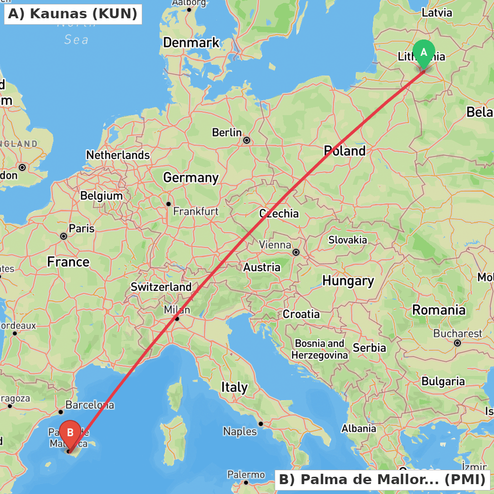 Flight route map from Kaunas to Palma de Mallorca