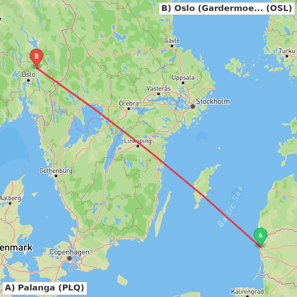 Flight route map from Palanga to Oslo (Gardermoen)