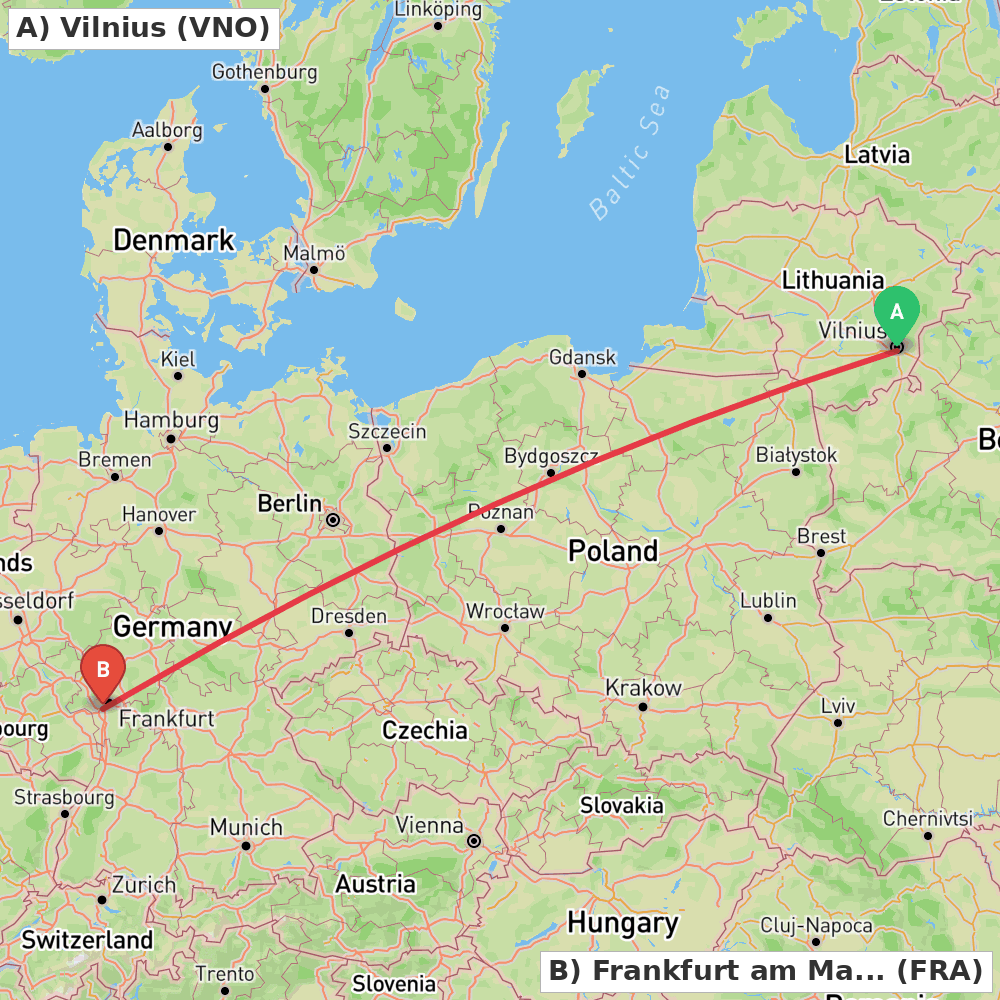 Flight route map from Vilnius to Frankfurt am Main