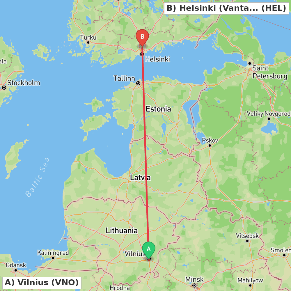 Flight route map from Vilnius to Helsinki (Vantaa)