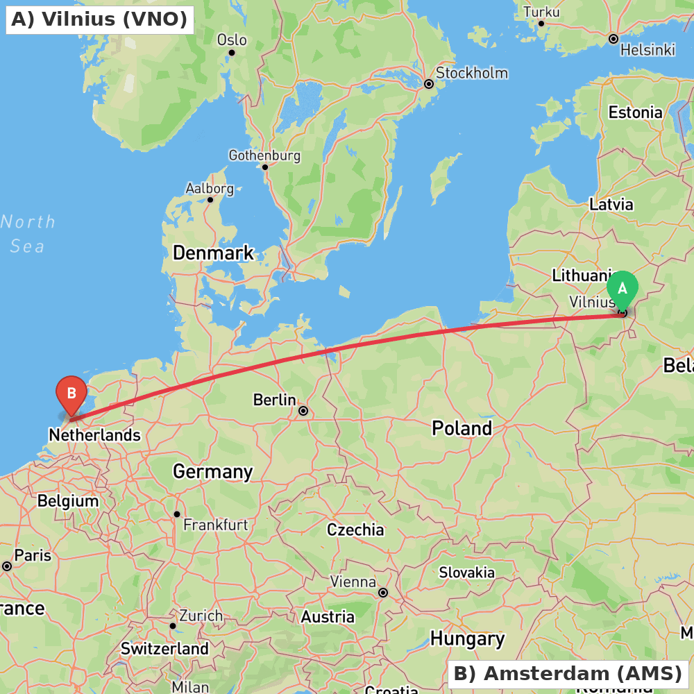 Flight route map from Vilnius to Amsterdam