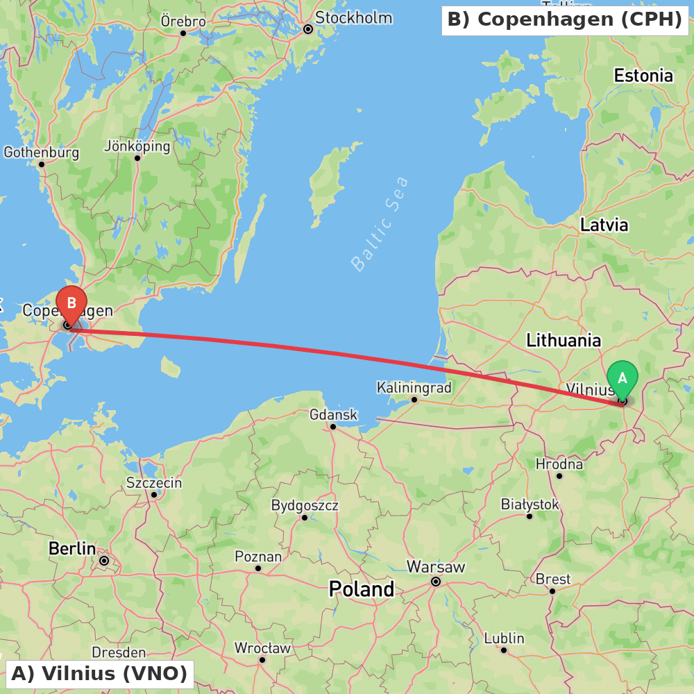 Flight route map from Vilnius to Copenhagen