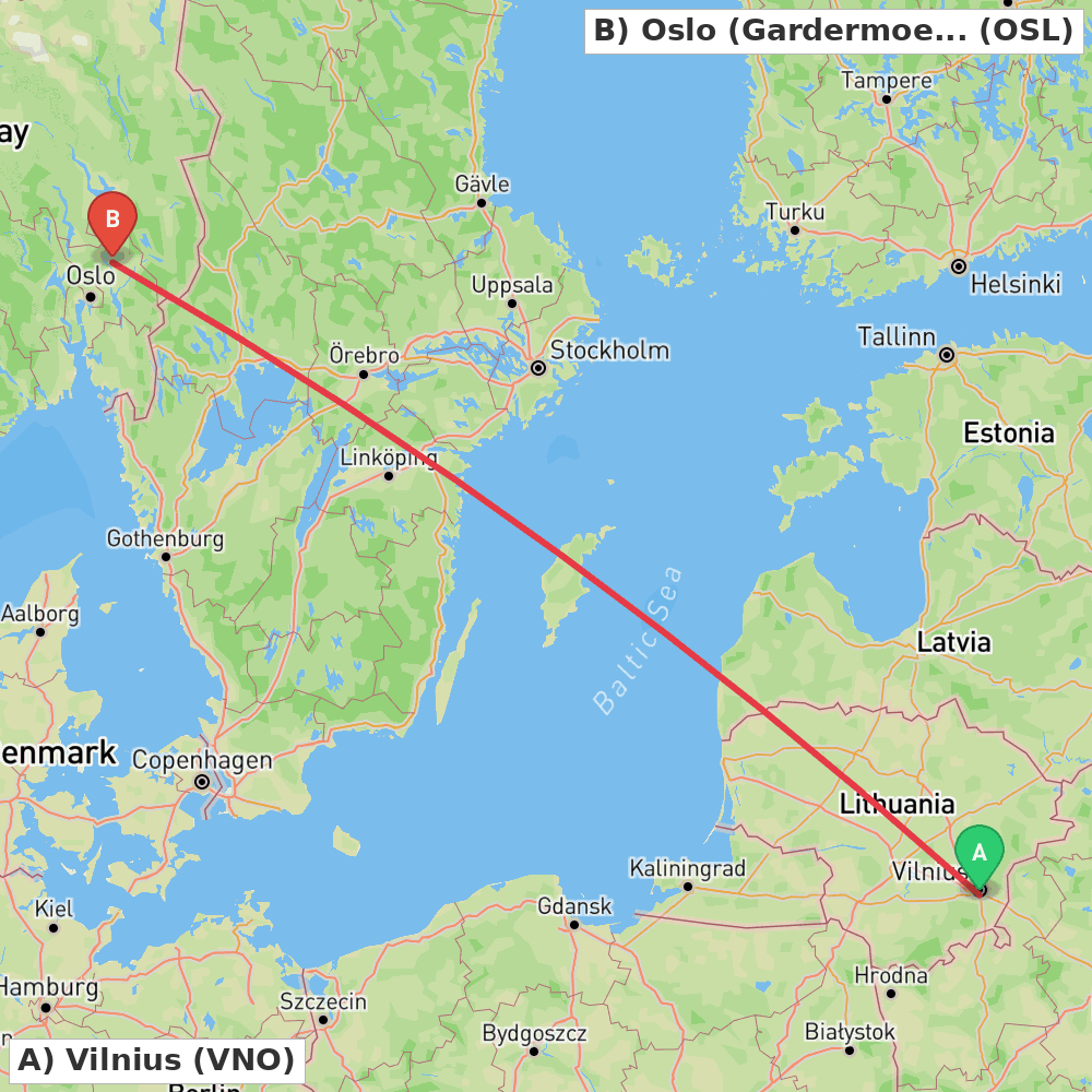 Flight route map from Vilnius to Oslo (Gardermoen)