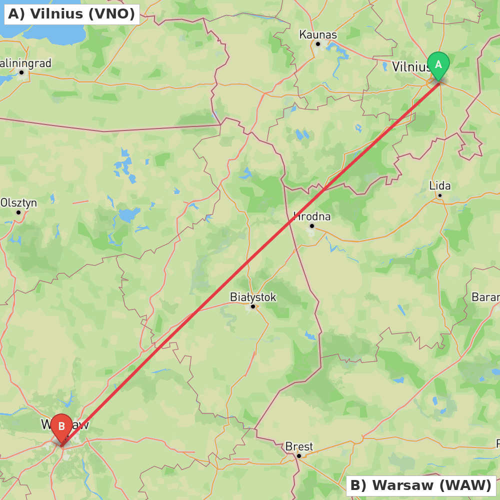 Flight route map from Vilnius to Warsaw