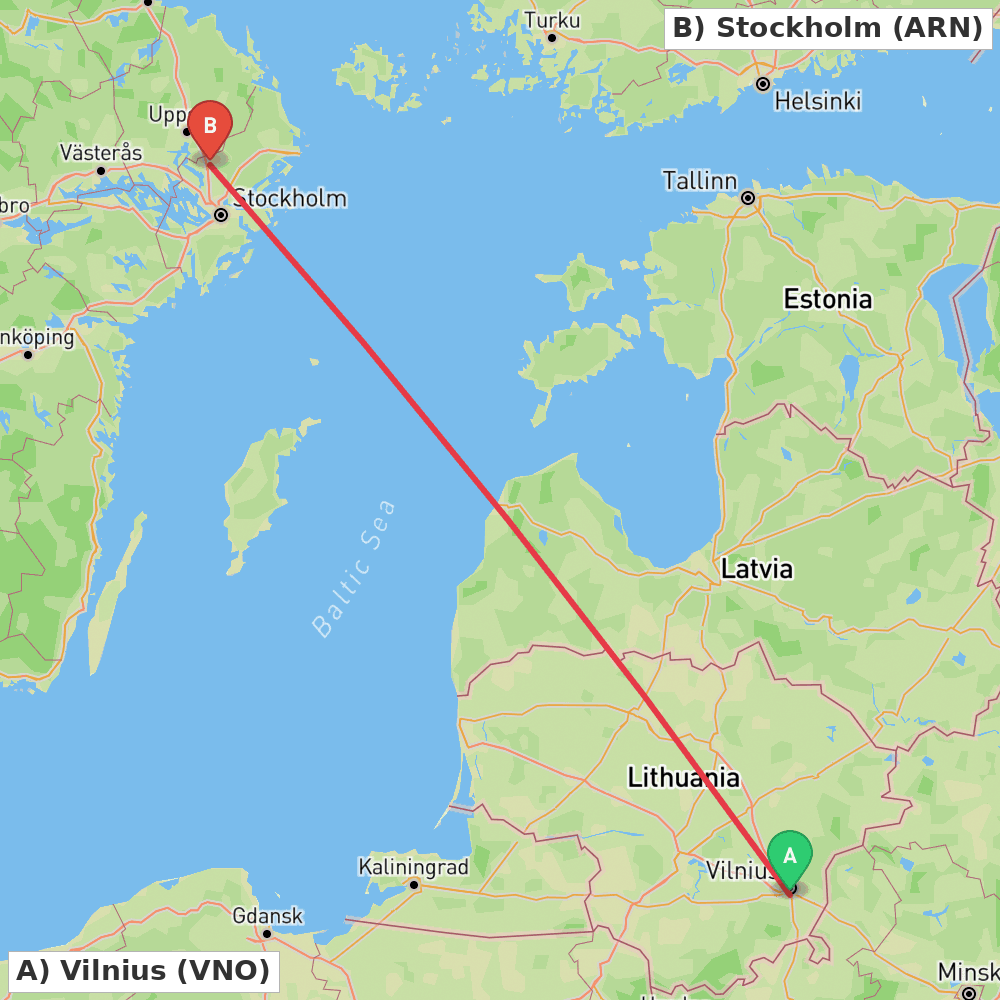 Flight route map from Vilnius to Stockholm