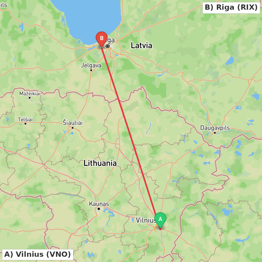 Flight route map from Vilnius to Riga
