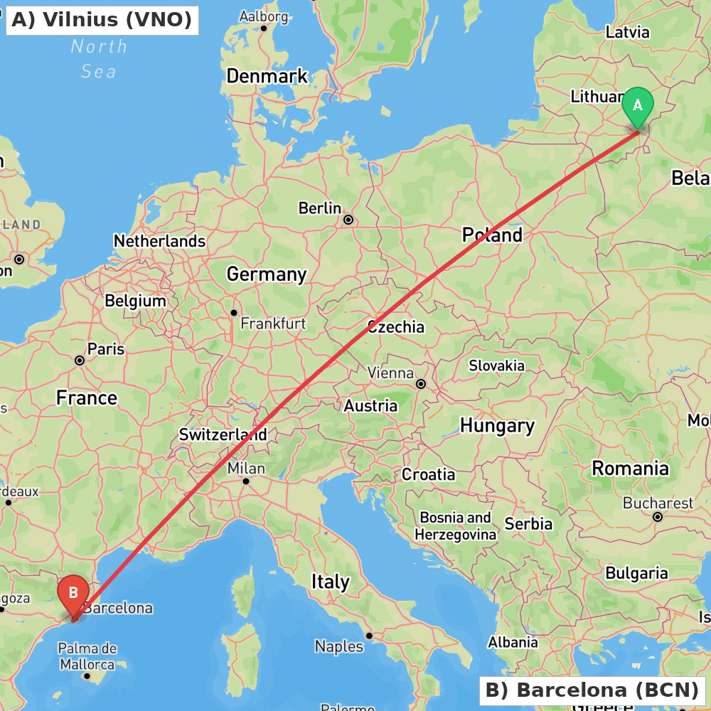 Flight route map from Vilnius to Barcelona