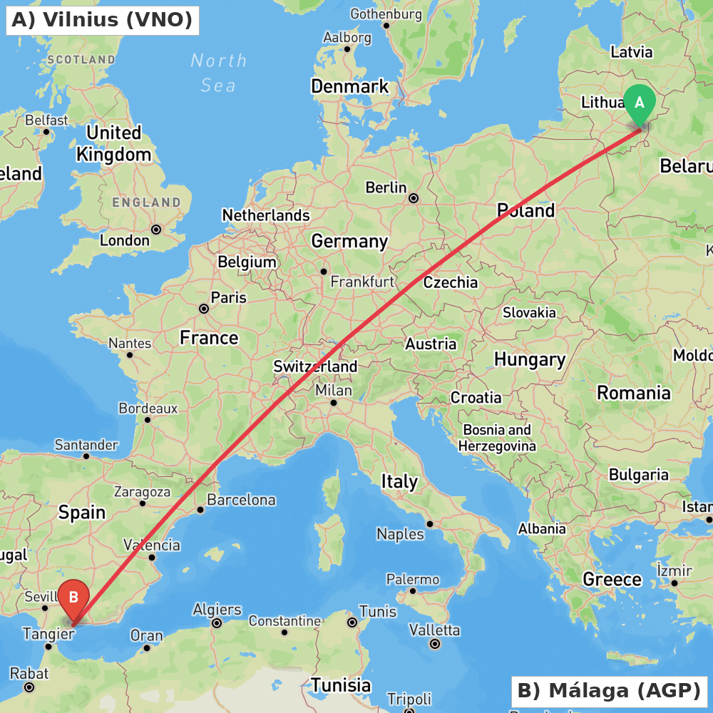 Flight route map from Vilnius to Málaga