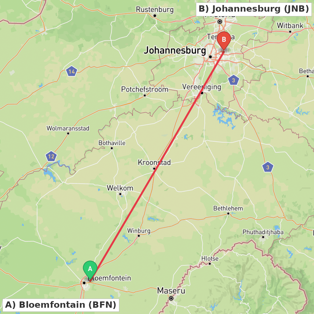 Flight route map from Bloemfontain to Johannesburg