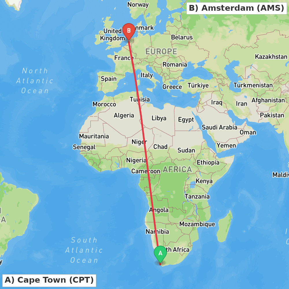 Flight route map from Cape Town to Amsterdam