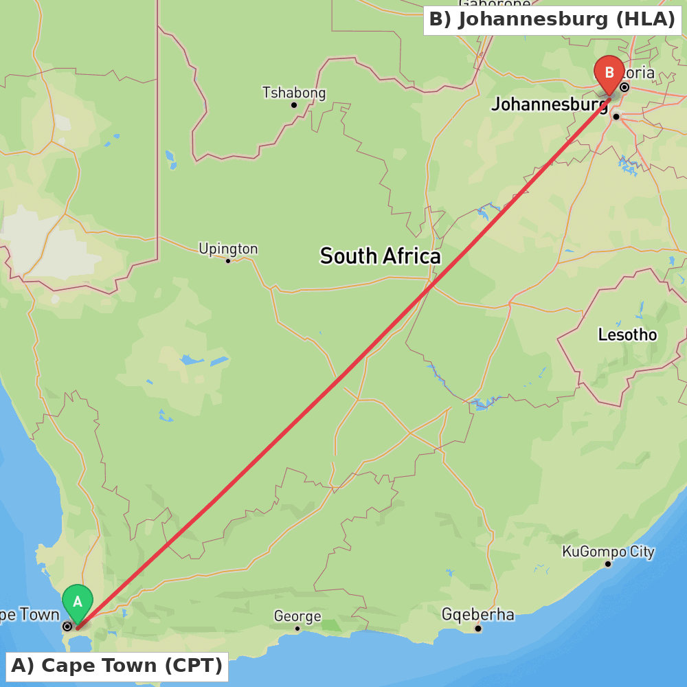 Flight route map from Cape Town to Johannesburg