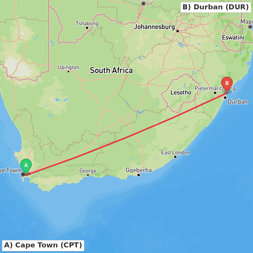 Flight route map from Cape Town to Durban