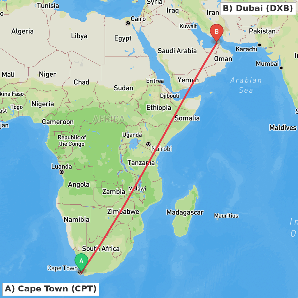Flight route map from Cape Town to Dubai