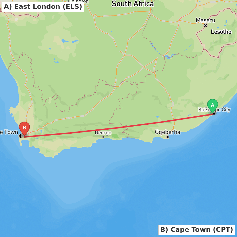 Flight route map from East London to Cape Town