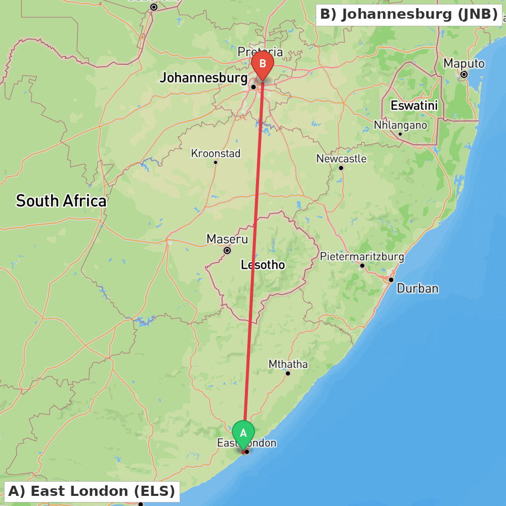 Flight route map from East London to Johannesburg