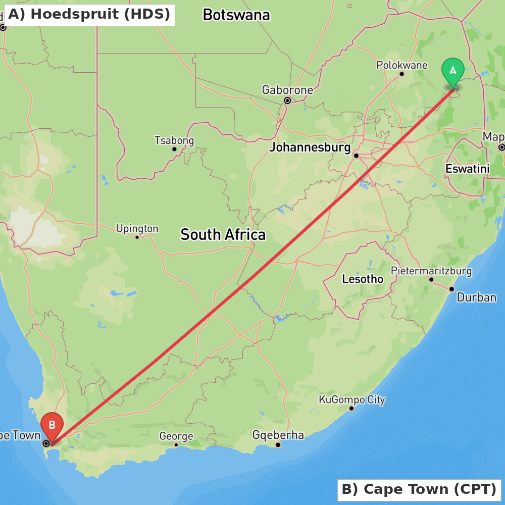 Flight route map from Hoedspruit to Cape Town