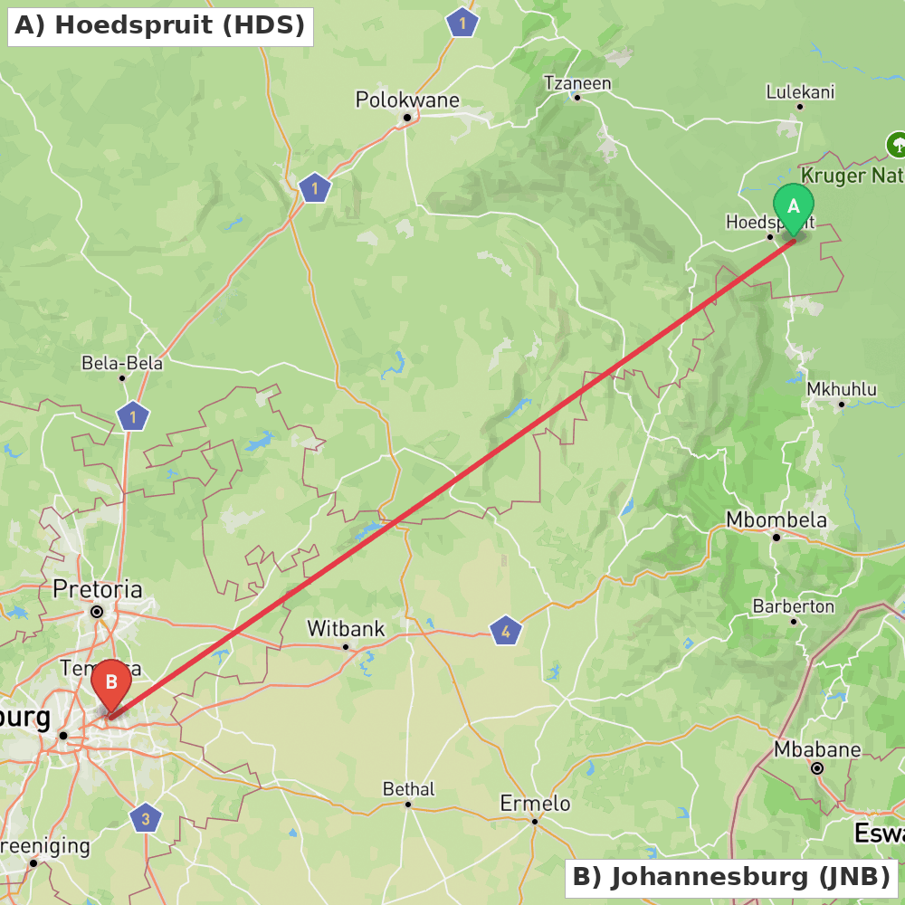 Flight route map from Hoedspruit to Johannesburg