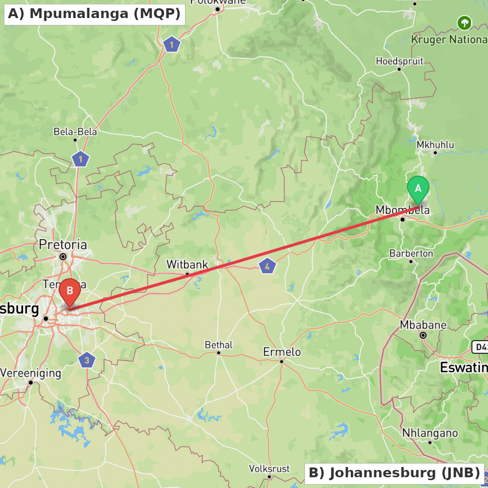 Flight route map from Mpumalanga to Johannesburg