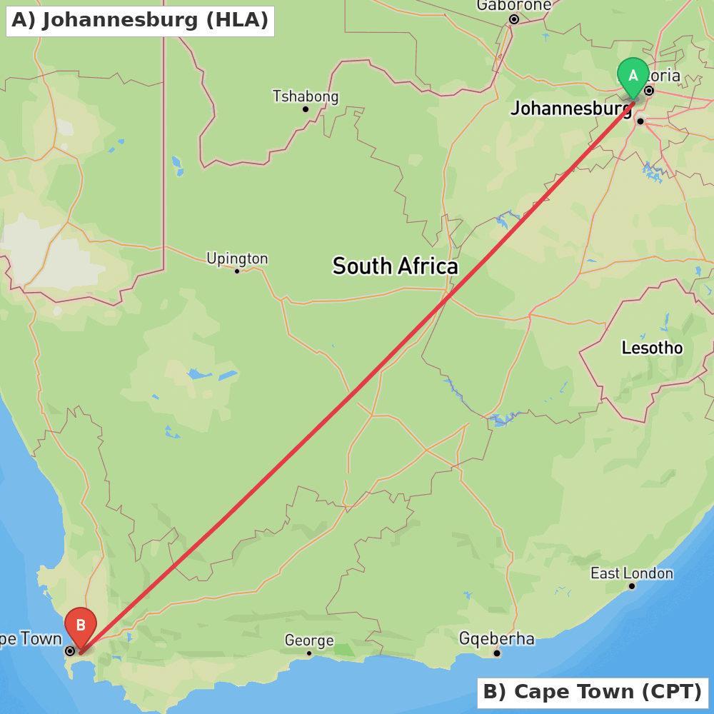 Flight route map from Johannesburg to Cape Town