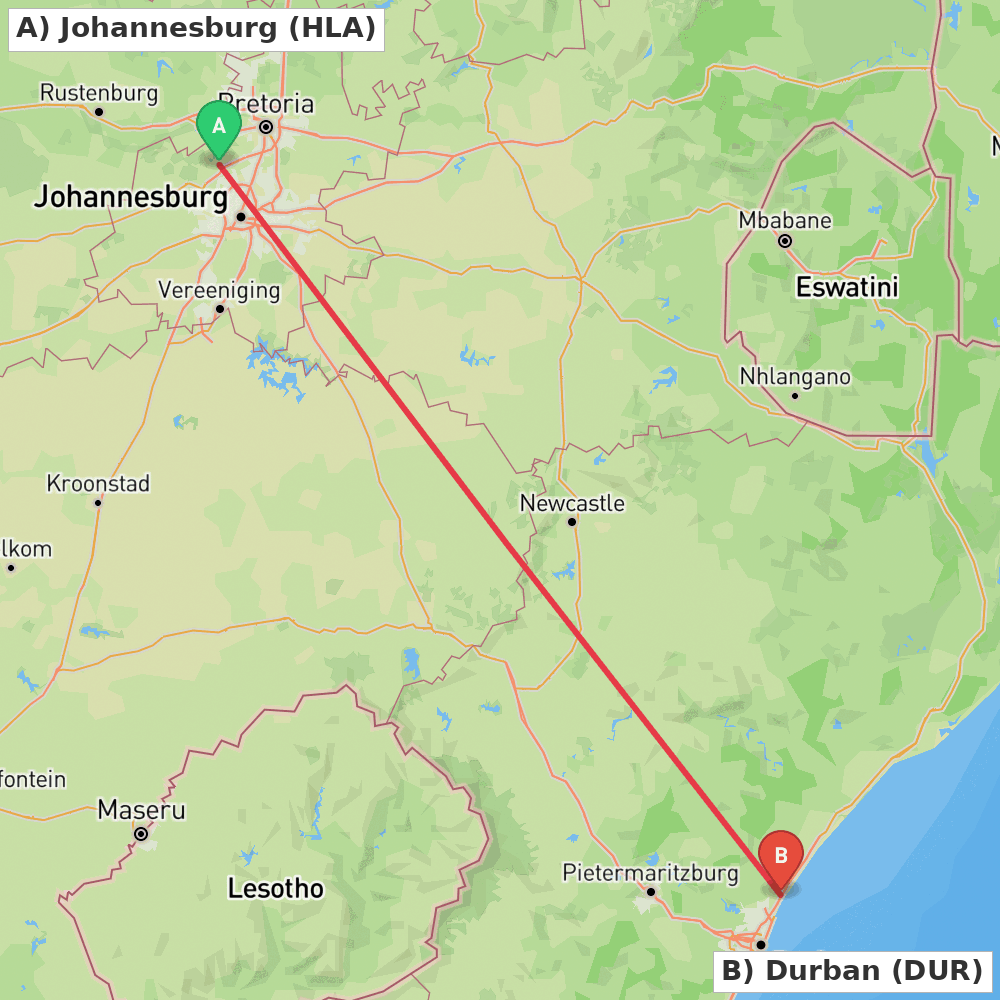 Flight route map from Johannesburg to Durban
