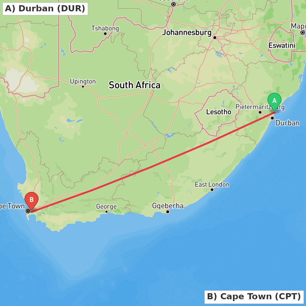 Flight route map from Durban to Cape Town