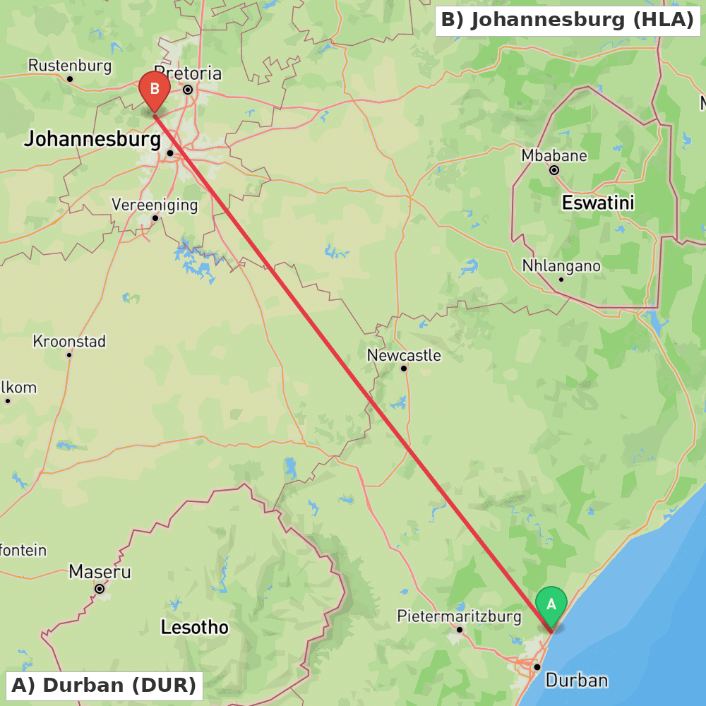 Flight route map from Durban to Johannesburg