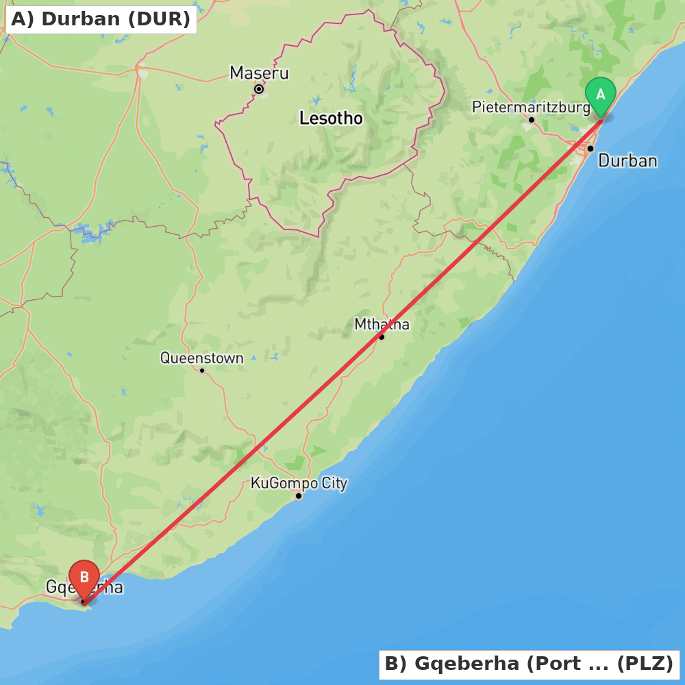 Flight route map from Durban to Gqeberha (Port Elizabeth)