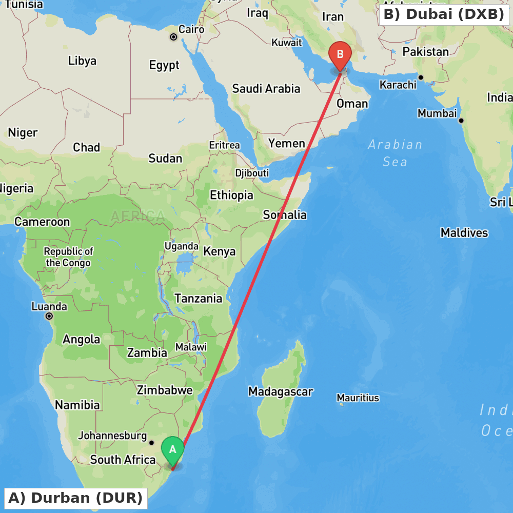 Flight route map from Durban to Dubai