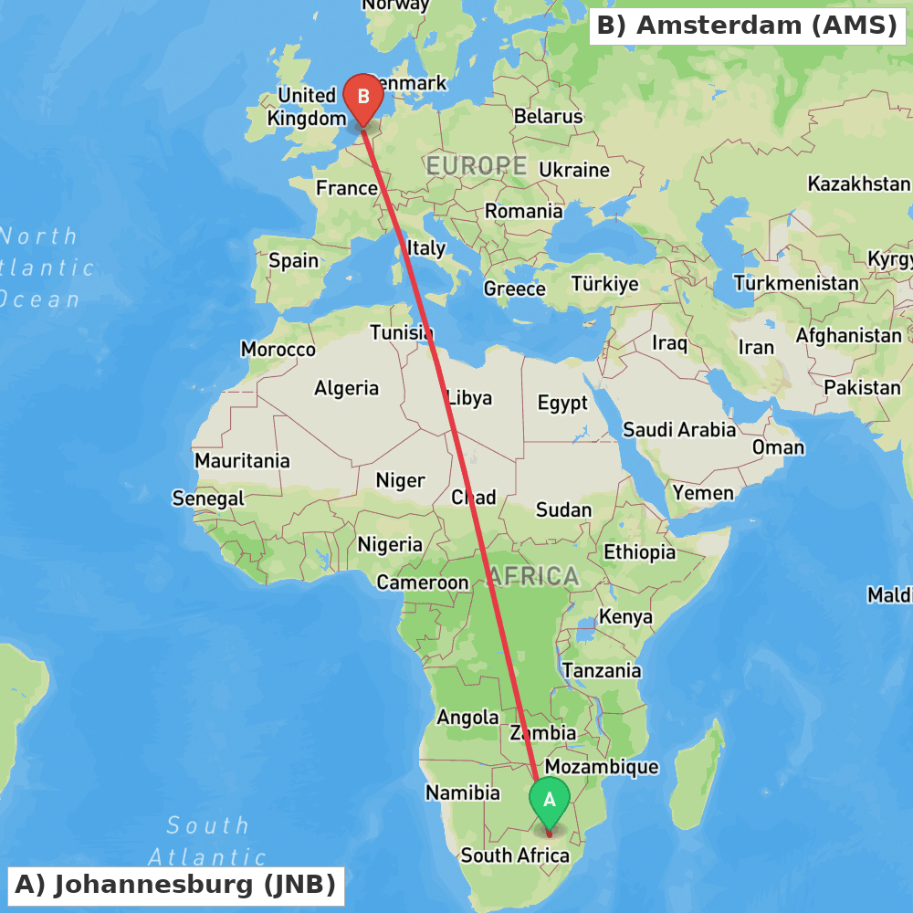 Flight route map from Johannesburg to Amsterdam