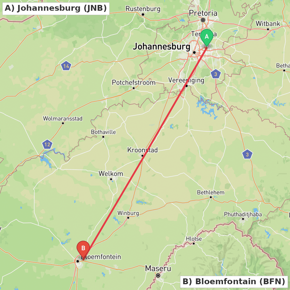 Flight route map from Johannesburg to Bloemfontain