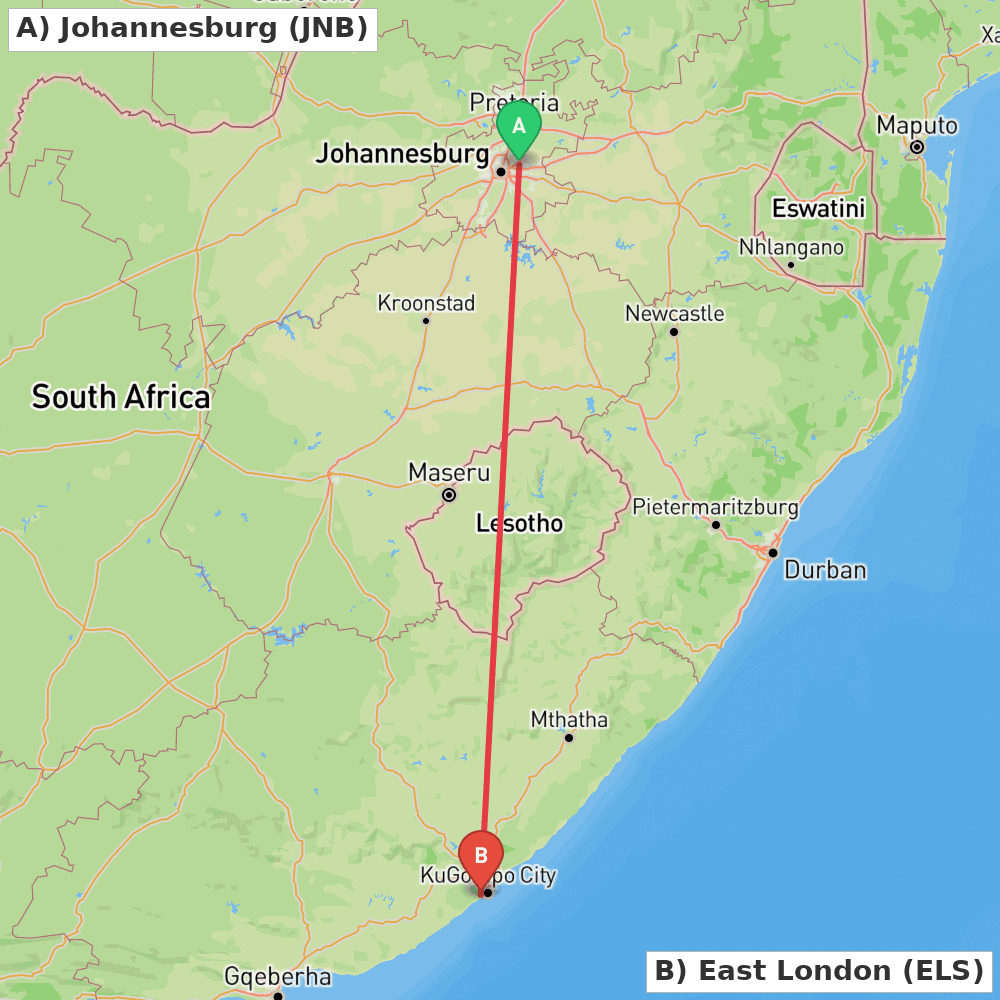 Flight route map from Johannesburg to East London
