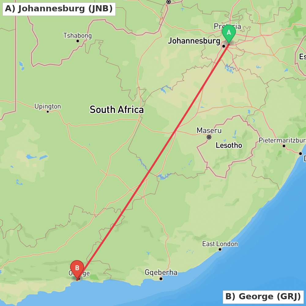 Flight route map from Johannesburg to George