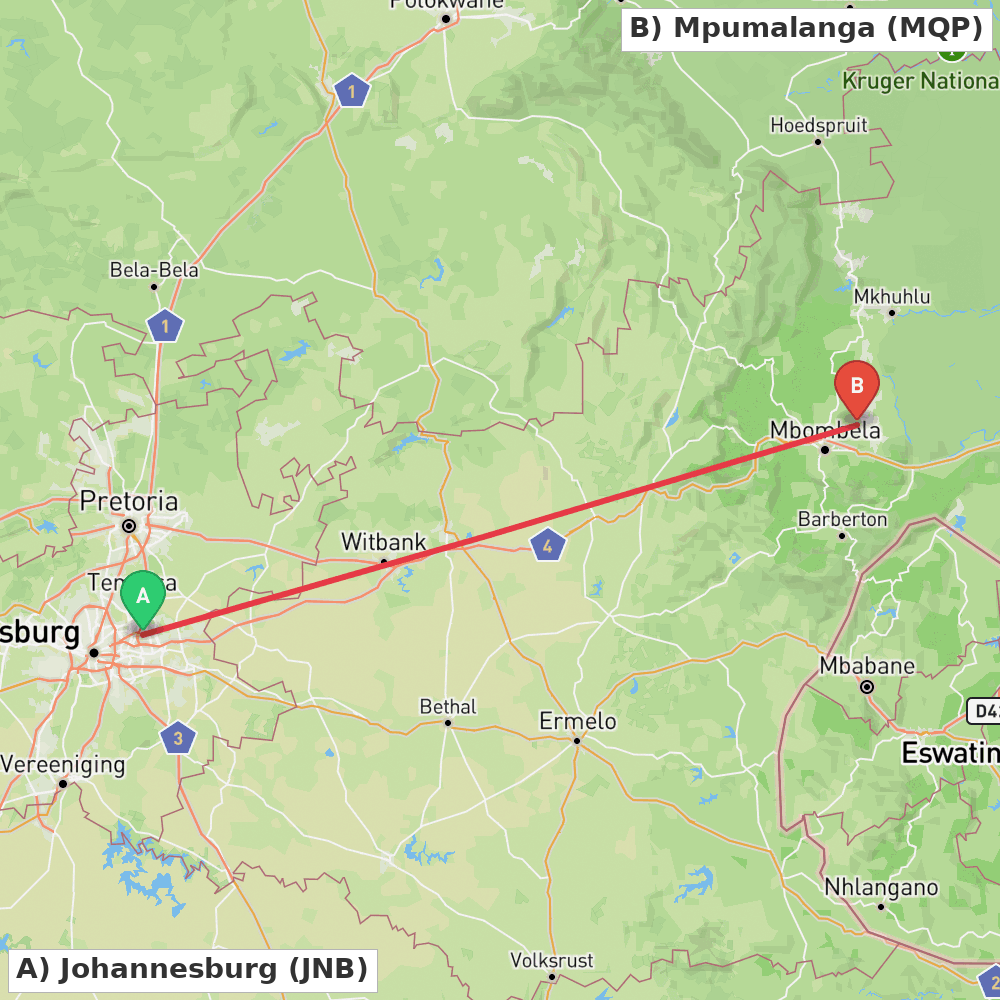 Flight route map from Johannesburg to Mpumalanga
