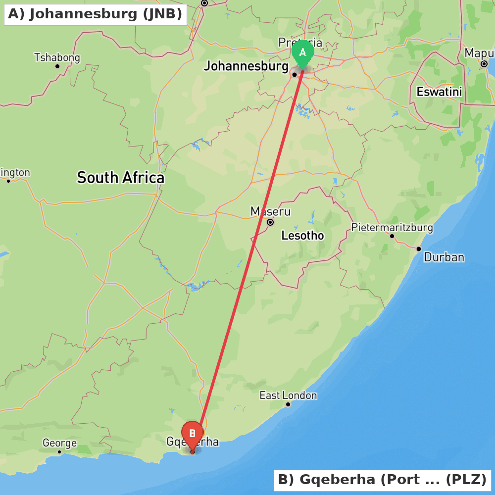 Flight route map from Johannesburg to Gqeberha (Port Elizabeth)