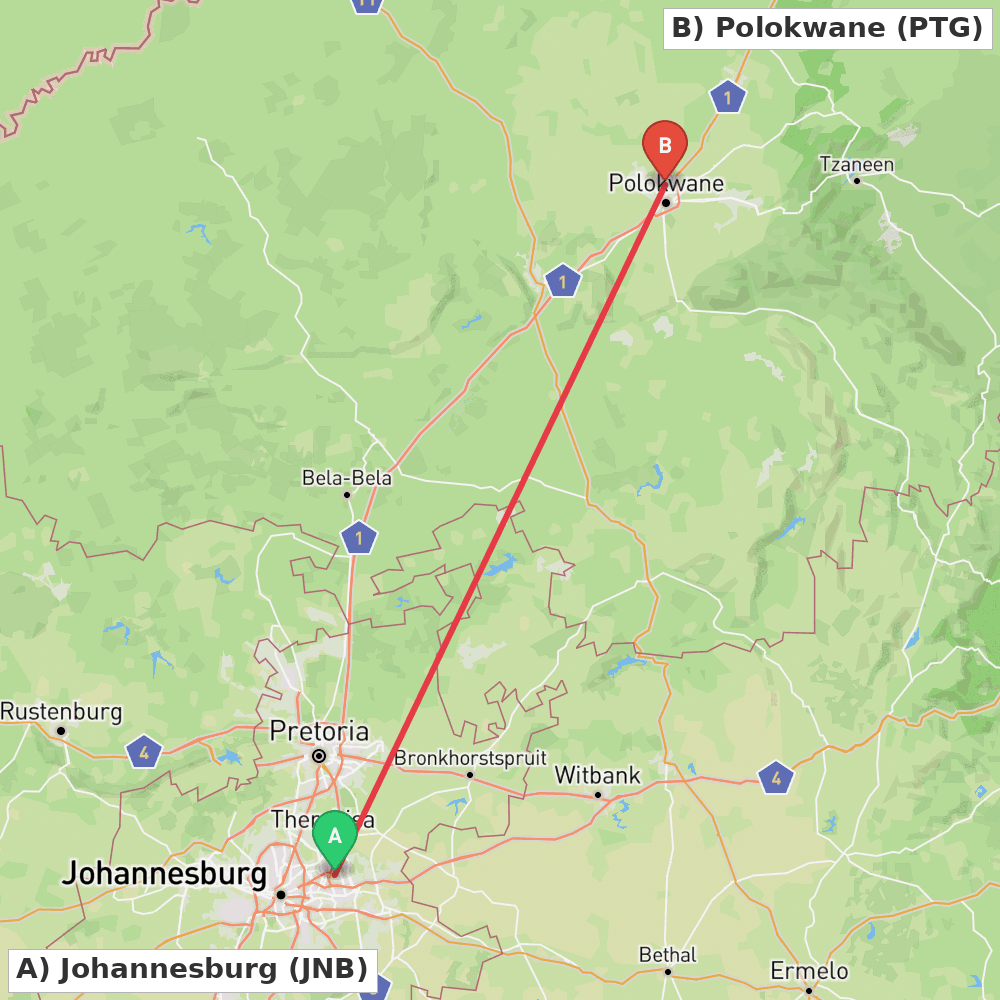 Flight route map from Johannesburg to Polokwane