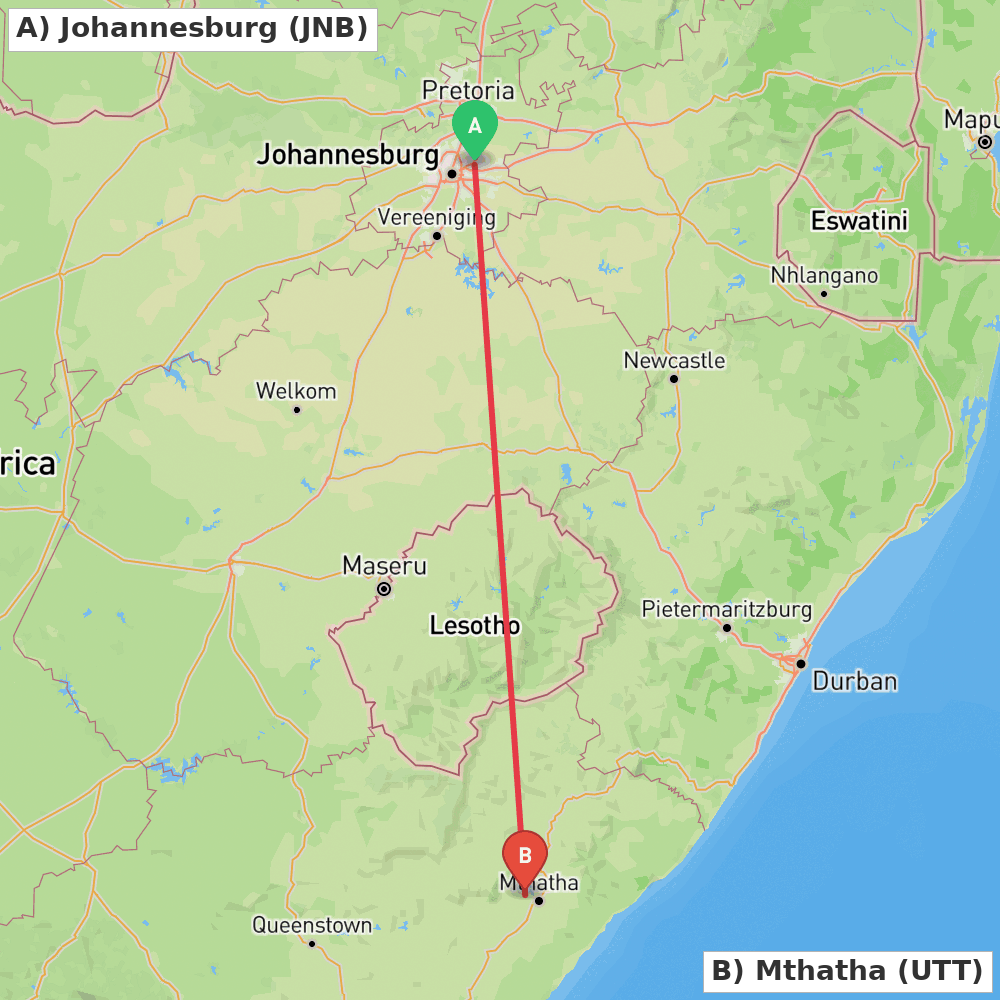 Flight route map from Johannesburg to Mthatha