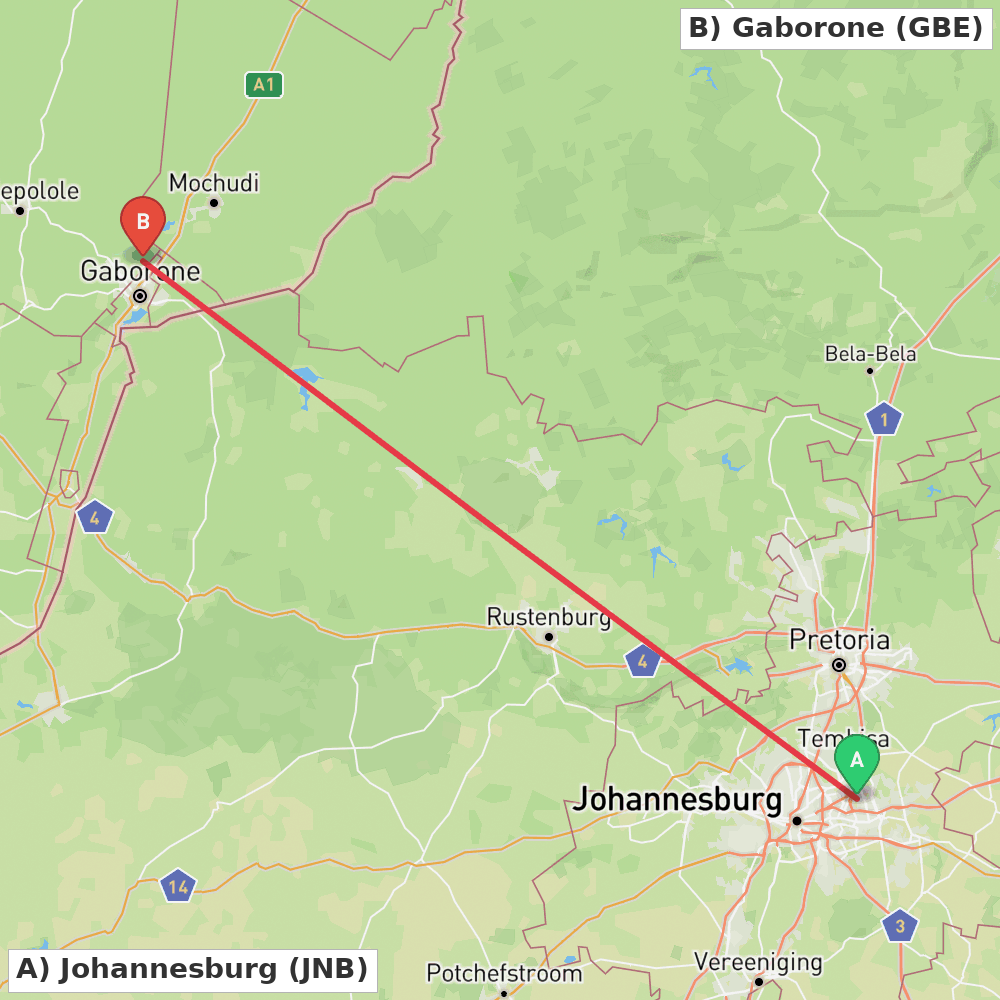 Flight route map from Johannesburg to Gaborone