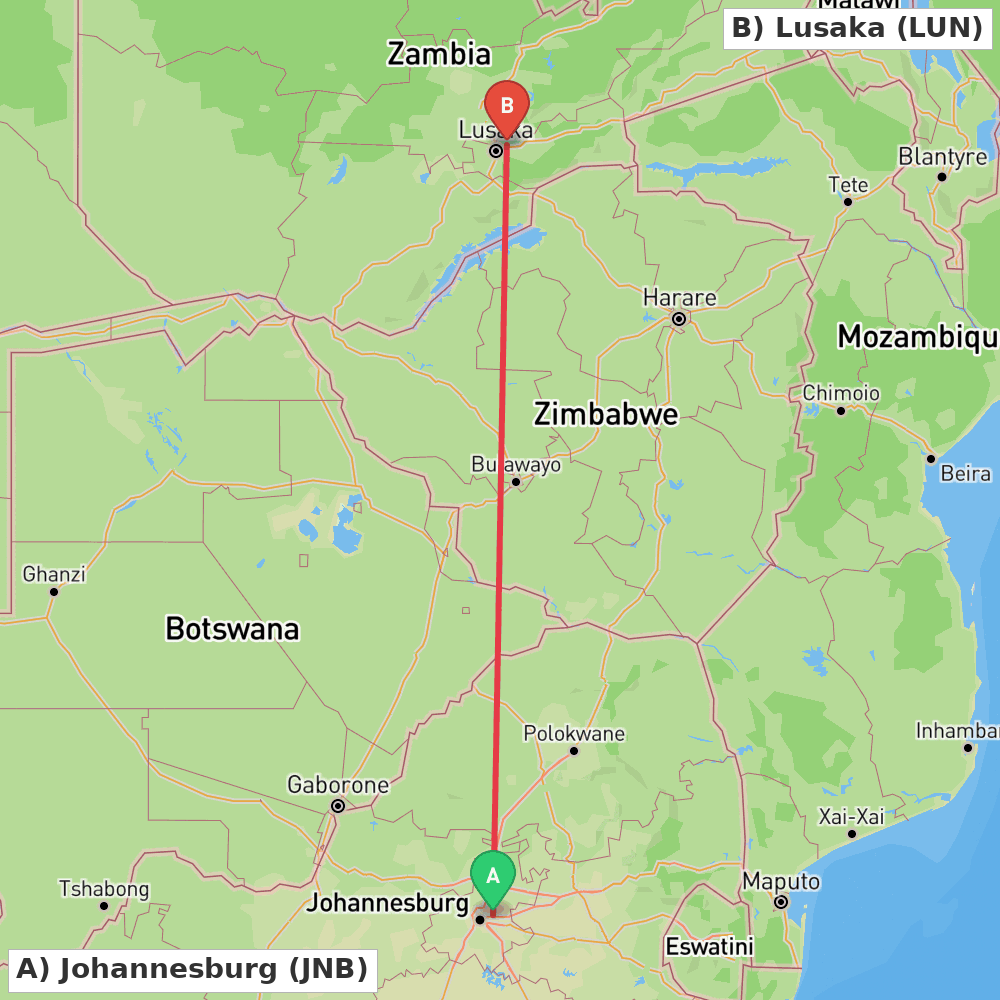 Flight route map from Johannesburg to Lusaka