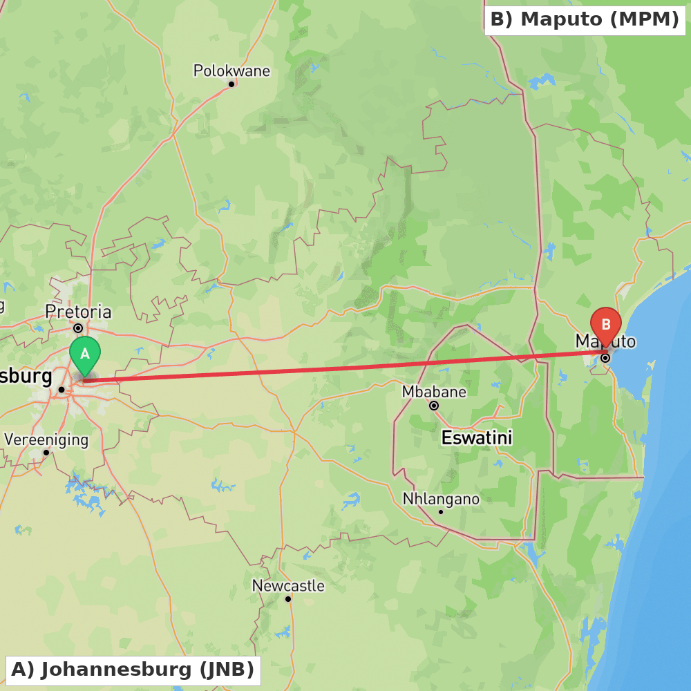 Flight route map from Johannesburg to Maputo