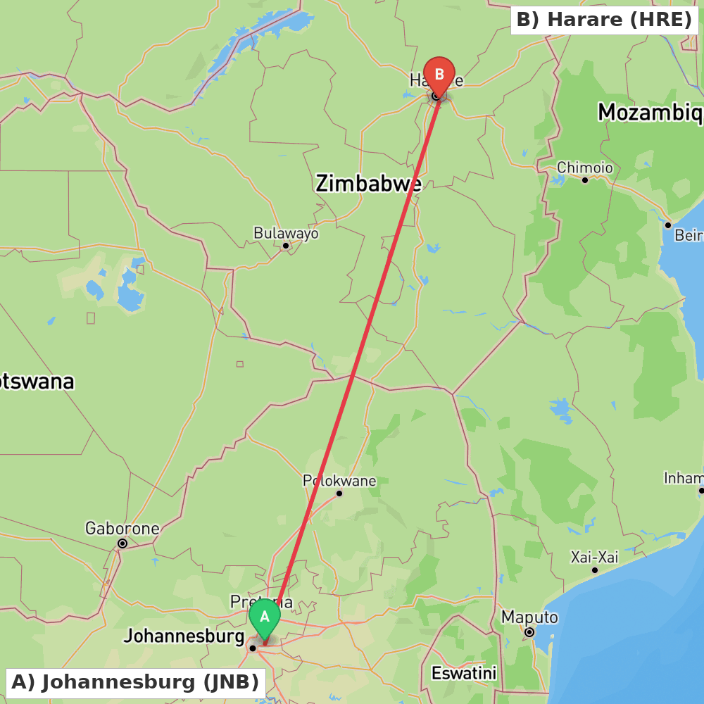 Flight route map from Johannesburg to Harare
