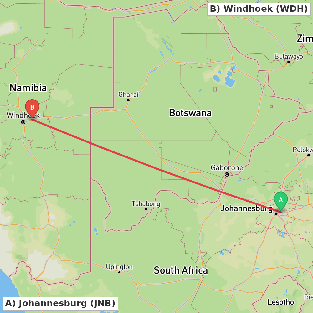 Flight route map from Johannesburg to Windhoek