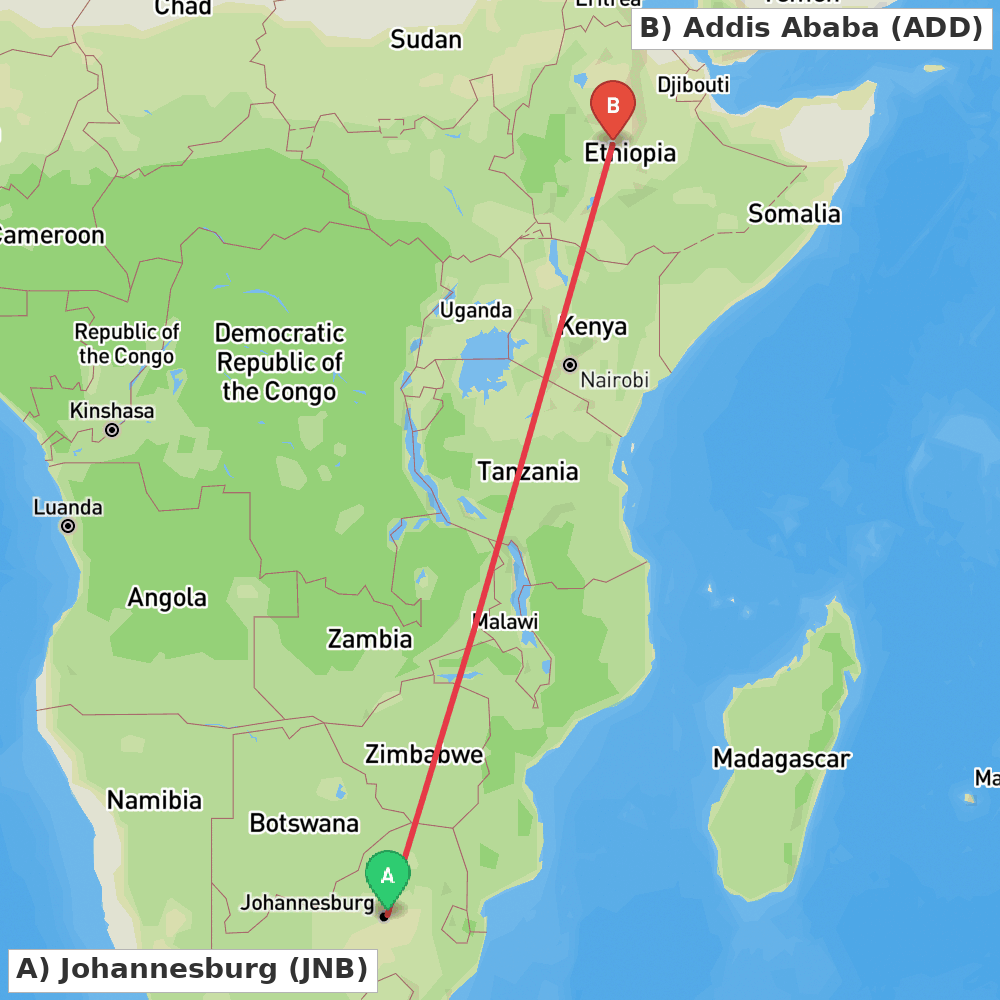 Flight route map from Johannesburg to Addis Ababa