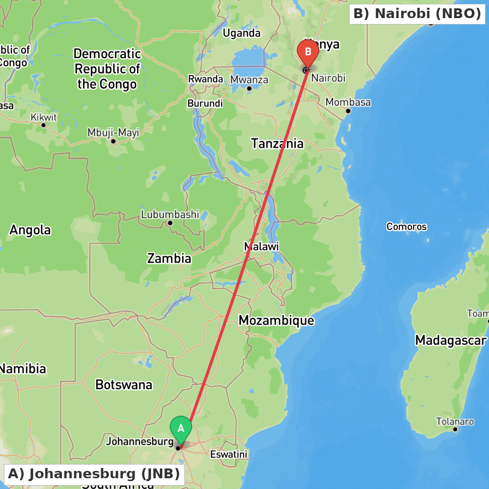 Flight route map from Johannesburg to Nairobi