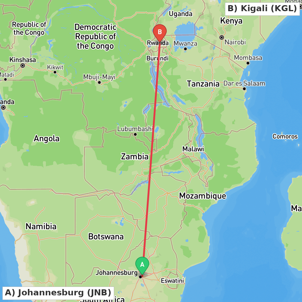 Flight route map from Johannesburg to Kigali